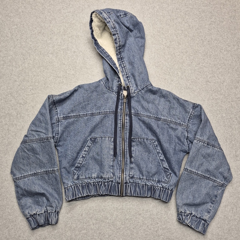 Aeropostale Jacket Womens M Blue Cropped Denim Zip Sherpa Lined Hood Cotton Mix